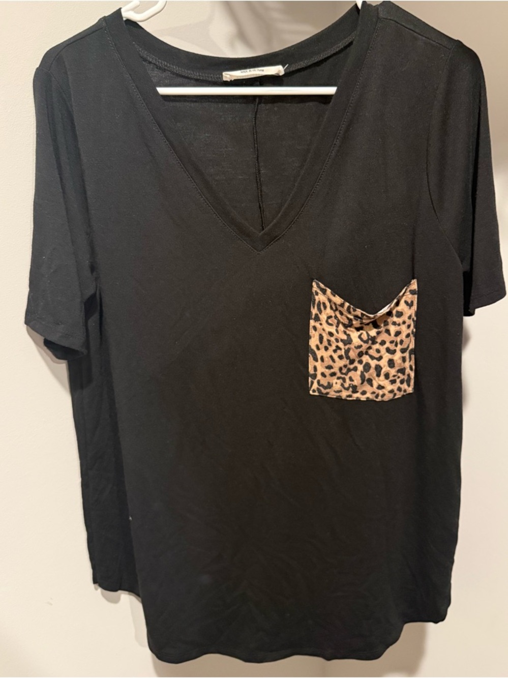 Black V-Neck Women's Top with Leopard Pocket